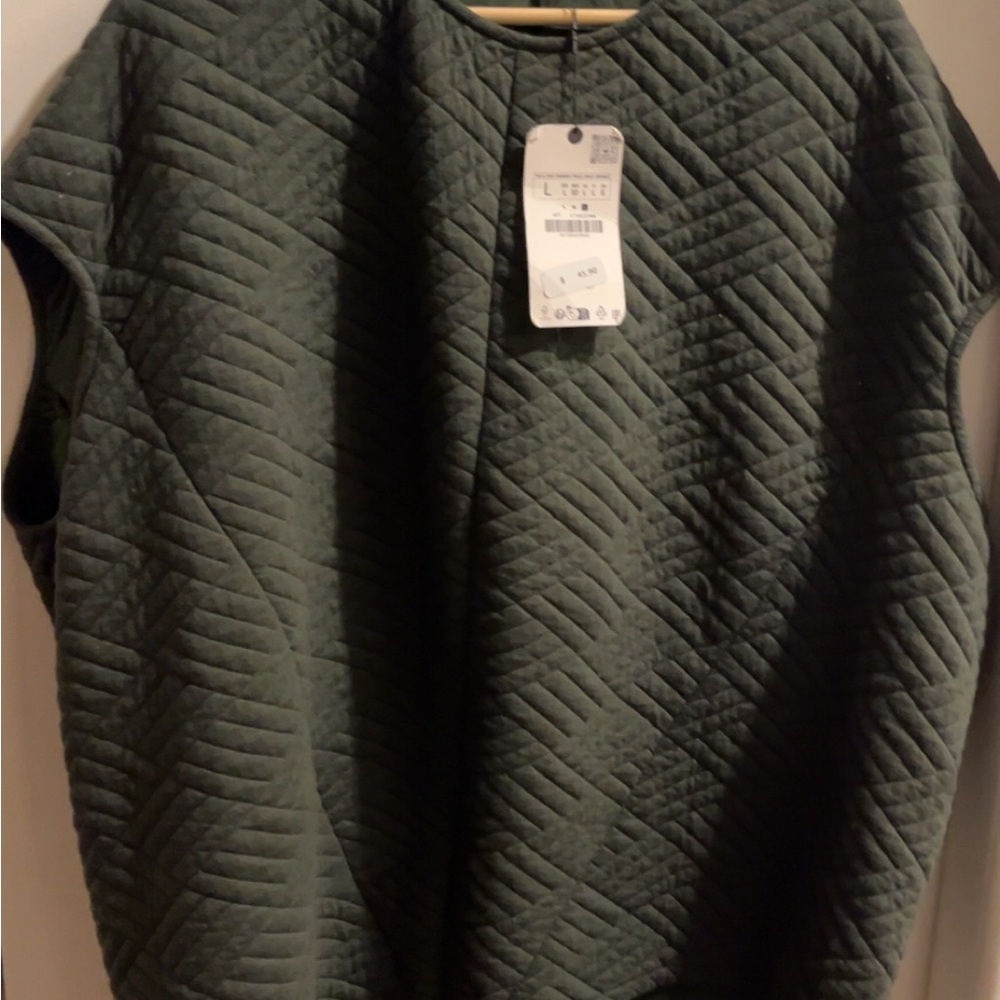 Zara Olive Green Lightly Padded Sleeveless Aysymetric Top Size L(oversized